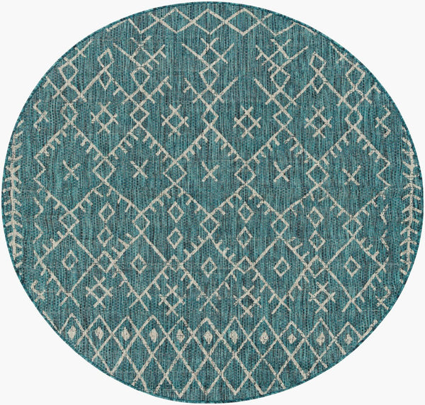 Livabliss Eagean Flatweave Polypropylene Indoor Outdoor Rug Bohemian Global Pattern for Living Room Aqua, Black 6'7" x 6'7" Round EAG2330-67RD