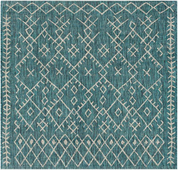 Livabliss Eagean Flatweave Polypropylene Indoor Outdoor Rug Bohemian Global Pattern for Living Room Aqua, Black 6'7" x 6'7" Square EAG2330-67SQ
