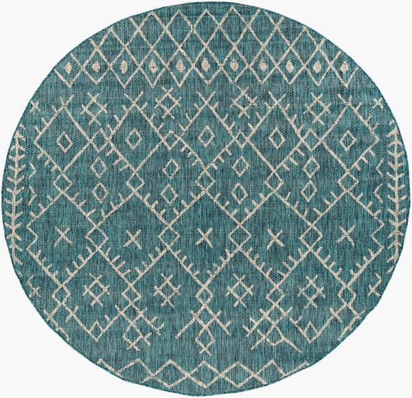 Livabliss Eagean Flatweave Polypropylene Indoor Outdoor Rug Bohemian Global Pattern for Living Room Aqua, Black 7'10" x 7'10" Round EAG2330-710RD