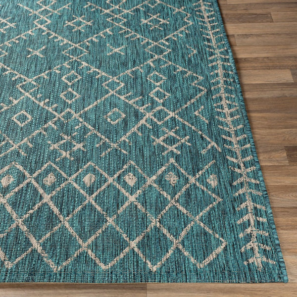 Livabliss Eagean Flatweave Polypropylene Indoor Outdoor Rug Bohemian Global Pattern for Living Room Aqua, Black 6'7" x 6'7" Round EAG2330-67RD