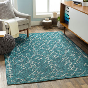 Livabliss Eagean Flatweave Polypropylene Indoor Outdoor Rug Bohemian Global Pattern for Living Room Aqua, Black 6'7" x 6'7" Round EAG2330-67RD