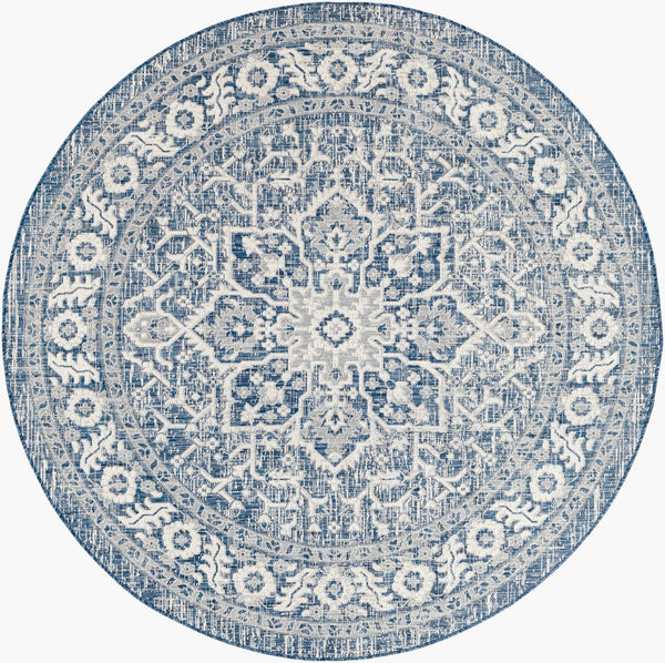 Livabliss Eagean Outdoor Flatweave Polypropylene Rug Traditional Patio Deck Hose Clean Navy, Light Blu 7'10" x 7'10" Round EAG2336-710RD