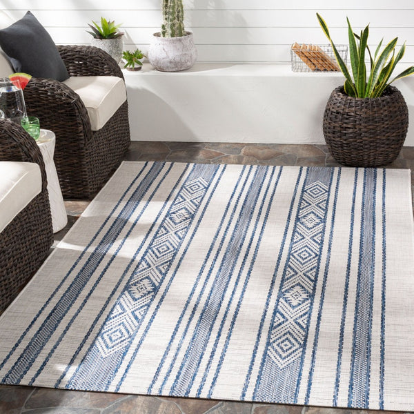 Livabliss Eagean Flatweave Polypropylene Rug Global Geometric Pattern for Patio or Entryway Dark Blue, Navy 7'10" x 10'2" EAG2351-710102