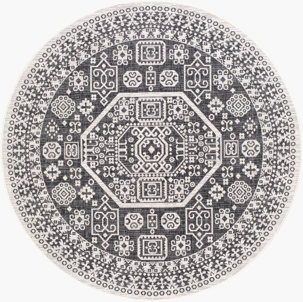 Livabliss Eagean Bohemian Global Pattern Polypropylene Low Pile Indoor Outdoor Area Rug Black, White 7'10" x 7'10" EAG2359-710RD
