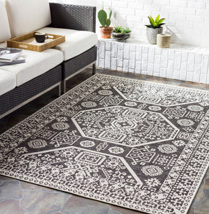 Livabliss Eagean Bohemian Global Pattern Polypropylene Low Pile Indoor Outdoor Area Rug Black, White 6'7" x 6'7" EAG2359-67RD