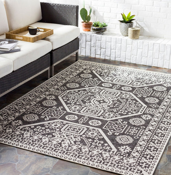 Livabliss Eagean Bohemian Global Pattern Polypropylene Low Pile Indoor Outdoor Area Rug Black, White 6'7" x 6'7" EAG2359-67RD