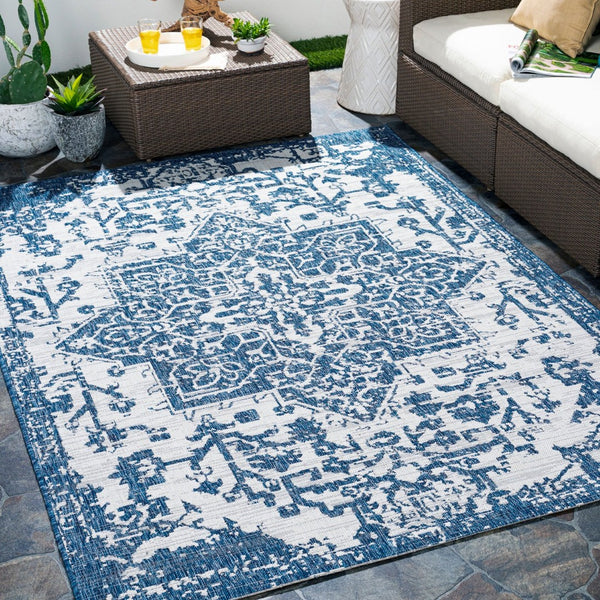 Livabliss Eagean Flatweave Polypropylene Rug Traditional Pattern for Patio and Entryway Use Dark Blue, Deni 6'7" x 6'7" Square EAG2377-67SQ