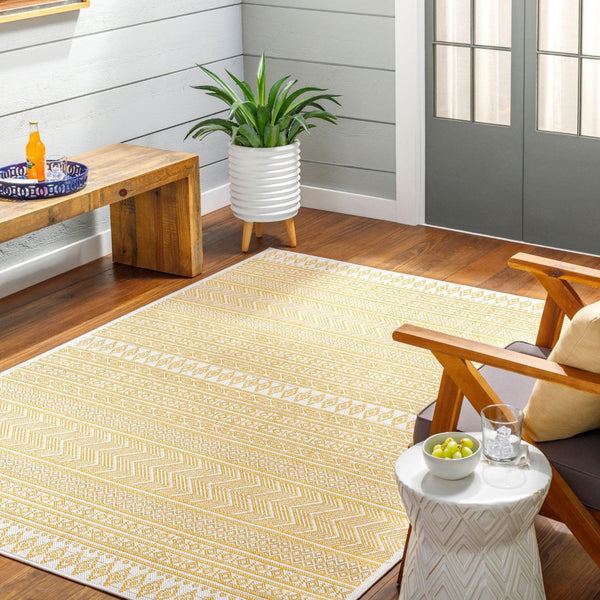 Livabliss Eagean Flatweave Runner Rug Bohemian Global Pattern Polypropylene Hallway Indoor Outdoor Ivory, Mustard 6'7" x 6'7" EAG2427-67RD