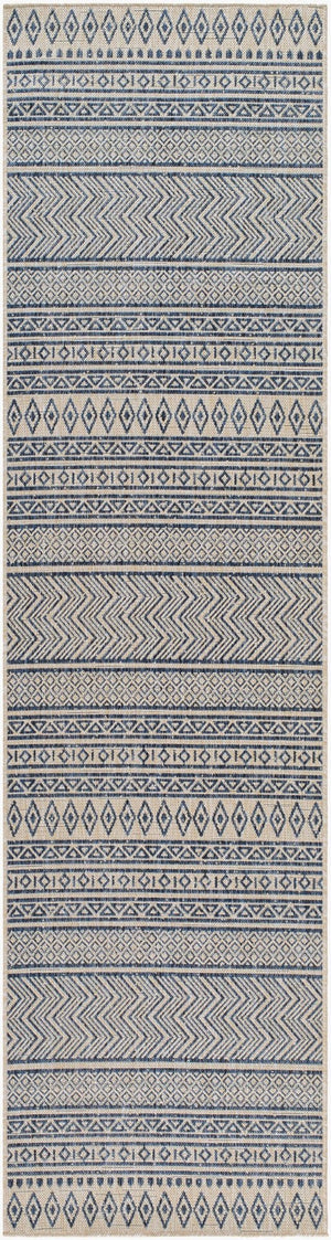 Livabliss Eagean Flatweave Polypropylene Indoor Outdoor Rug with Bohemian Global Pattern Navy, Light Bei 2'7" x 12' EAG2428-2712