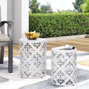 English Elm Metal Nesting End Table Set of Two with Floral Iron Cut Design for Living Room White 73604.00WHI