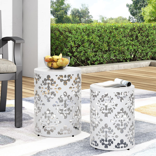 English Elm Metal Nesting End Table Set of Two with Floral Iron Cut Design for Living Room White 73604.00WHI