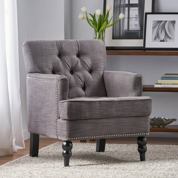 English Elm Christopher Knight Home® - HARRISON Tufted Club Chair with Diamond-Stitched Back, Nailhead Trim and Turned Birch Legs for Comfort and Style Charcoal 53444.00F