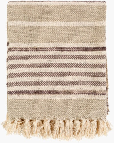 Surya Beau Handwoven 50"W X 60"L Cotton Throw Blanket With Unique Fringe For Cozy Cottage Charm Light Beige Cotton Eau1000-5060