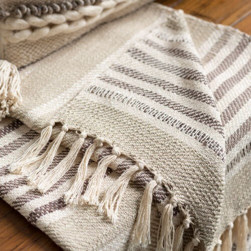 Surya Beau Handwoven 50"W X 60"L Cotton Throw Blanket With Unique Fringe For Cozy Cottage Charm Light Beige Cotton Eau1000-5060