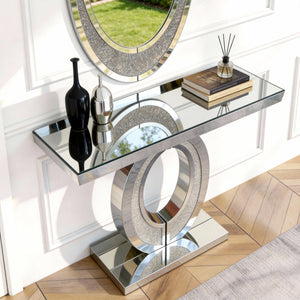 English Elm Mirrored Olive Console Table Crushed Diamante Glass Glam Hallway Entryway Accent W3836P427990