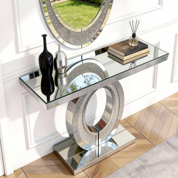English Elm Mirrored Olive Console Table Crushed Diamante Glass Glam Hallway Entryway Accent W3836P427990