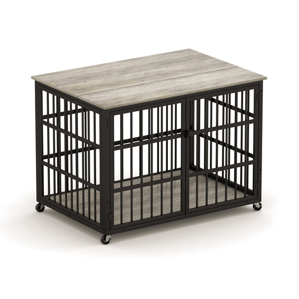 English Elm Furniture style dog crate with sturdy steel frame, particle board top for 150lb storage, fits dogs up to 70lb Grey W1162119832