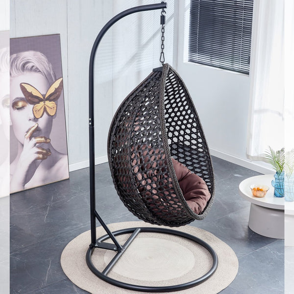 English Elm 76.8-inch Hand Woven Rattan Egg Swing Chair Indoor Outdoor with Cushion Lumbar Pillow Black W1512P498596