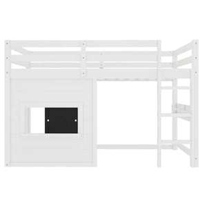 English Elm Twin Loft Bed House Frame with Sliding Chalkboard Built-in Bookshelf and Safety Rails White W1580S00319