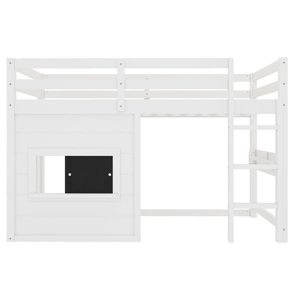 English Elm Twin Loft Bed House Frame with Sliding Chalkboard Built-in Bookshelf and Safety Rails White W1580S00319