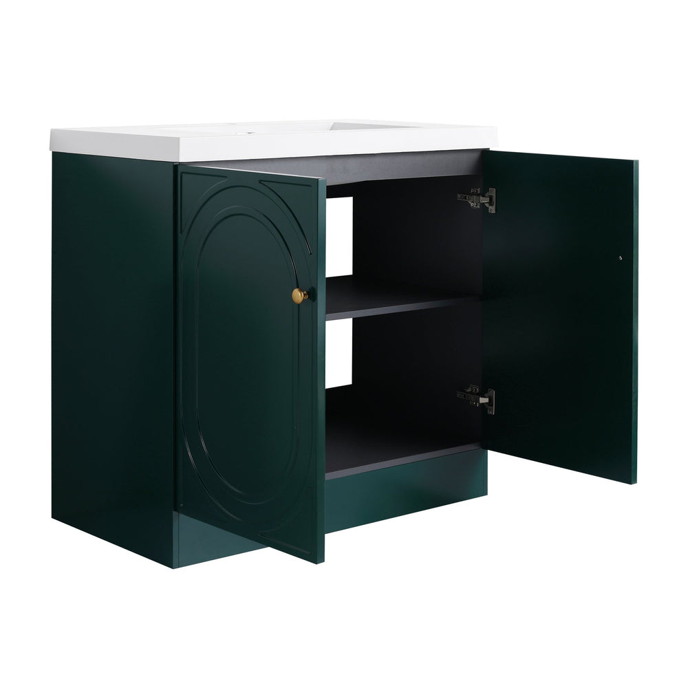 English Elm 36" Freestanding Bathroom Vanity with Resin Sink, Soft-Close Doors, Adjustable Shelf & Metal Handles Dark Green W999S00274