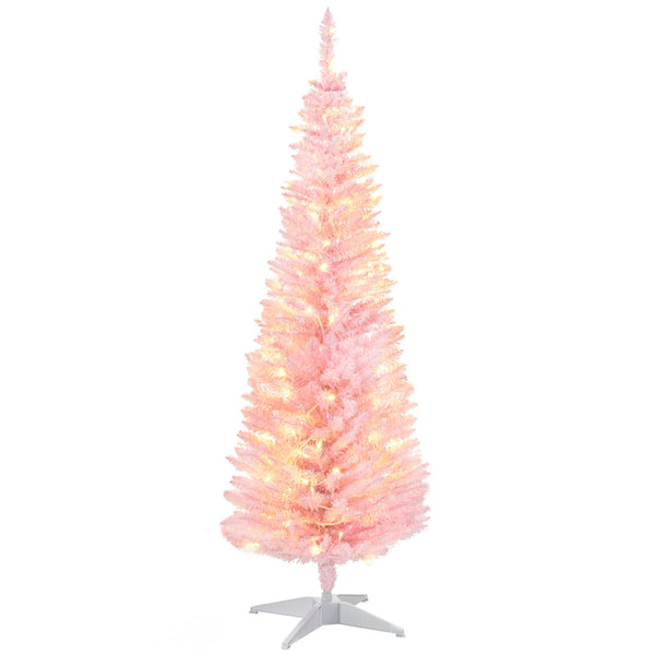 English Elm Homcom 5' Slim Pink Pre-Lit Noble Fir Christmas Tree With 110 Led Lights For Cozy Holiday Decor W2225P249646