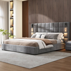 English Elm Upholstered King Bed Wide Velvet Headboard Built-in Reading Lamps and Usb Ports N757K200132G