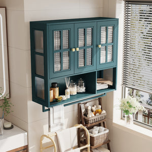 English Elm Bathroom Wall Cabinet Fluted Glass Doors Open Shelf Towel Bar Dark Green Mdf W757P400531