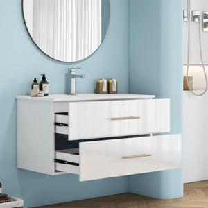 English Elm 36-Inch Modern Wall-Mounted Bathroom Vanity With Ceramic Sink, Gold Handle, Easy Installation & Storage W3151S00055