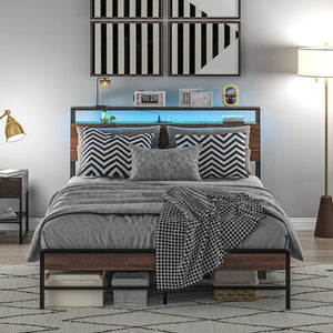 English Elm HOMCOM LED Platform Queen Bed Frame with USB-C Charging Station, 3-Tier Shelf, Noise-Free Support Walnut W2225P249912