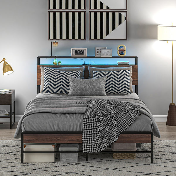 English Elm HOMCOM LED Platform Queen Bed Frame with USB-C Charging Station, 3-Tier Shelf, Noise-Free Support Walnut W2225P249912