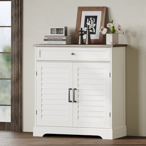 English Elm 16 Pair Shoe Cabinet Tall Freestanding Entryway Organizer with Drawer, Louvered Doors, Durable MDF Storage Brown,Soft White T3771P372927