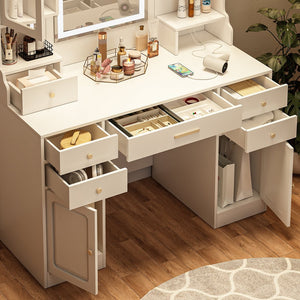 English Elm Large White Vanity Table Set with Extra-Large Mirror, 6 Drawers & Shelves, Gold Handles, Stylish Gift-Friendly Design W509P301793
