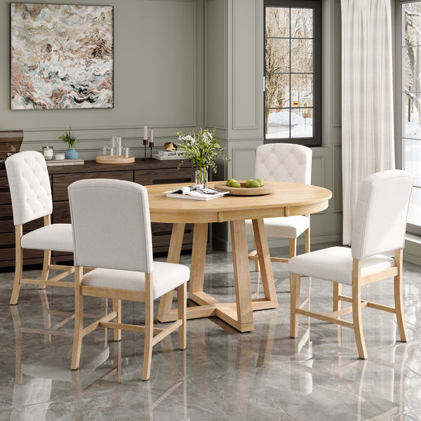 English Elm Trexm Retro 5 Piece Extendable Round Dining Set with Button Tufted Upholstered Chairs Natural ST000094AAN-2026