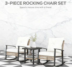 English Elm Patio Pe Rattan Rocking Chair Set with Tufted Cushions and Matching Coffee Table Beige+White,Natural T3971P419108