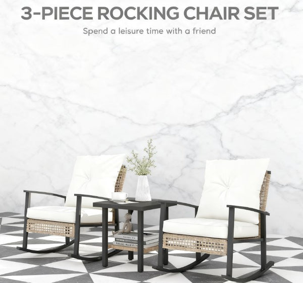 English Elm Patio Pe Rattan Rocking Chair Set with Tufted Cushions and Matching Coffee Table Beige+White,Natural T3971P419108