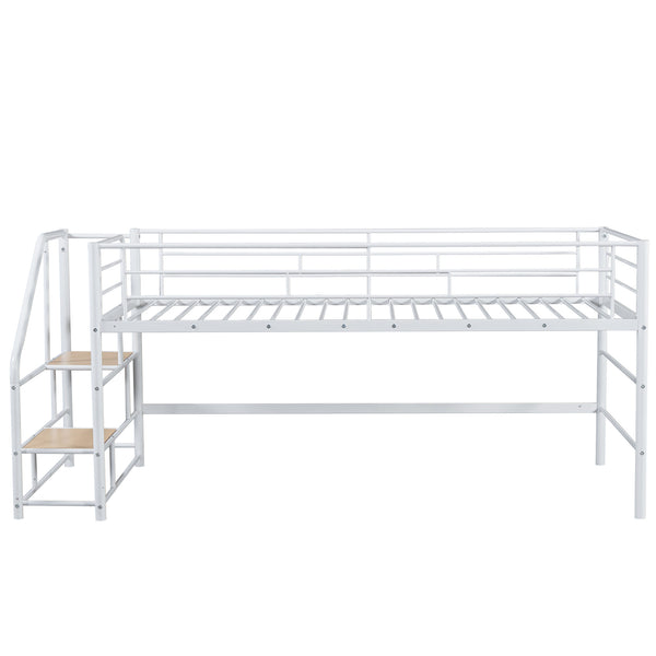 English Elm Mid Mid Loft Bed with Storage Stairs Twin Safety Ladder Low 26.6" Slats Sturdy Metal Frame White MF323325AAK