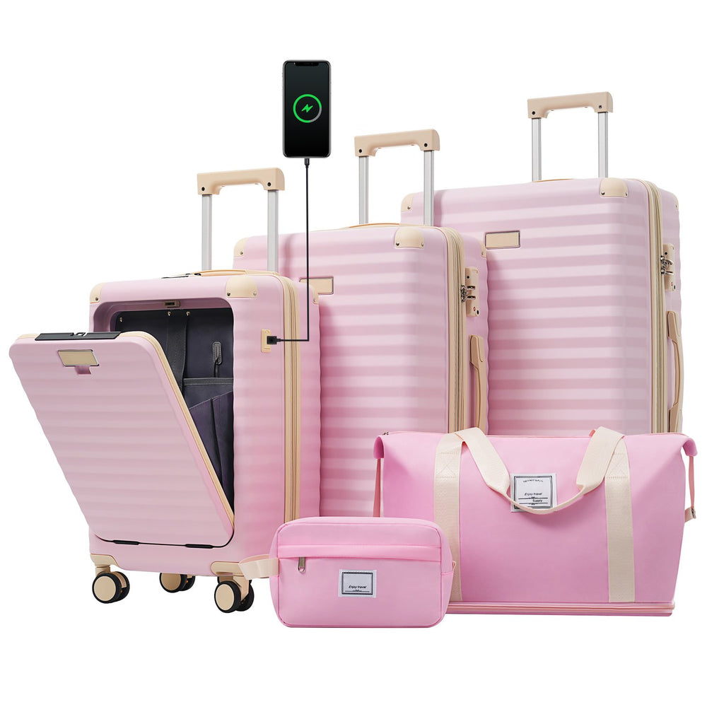 English Elm Luggage 5 Piece Abs Hardshell Travel Set with Usb Port Spinner Wheels and Tsa Lock Pink N732P265290U