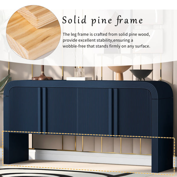 English Elm U_style Wave Door Pine Console Table Sculptural Storage for Entryway or Sofa Navy Blue N711P415846V
