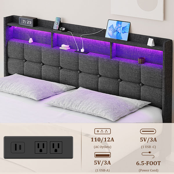 English Elm King LED Linen Platform Bed with Headboard Storage, 2 Drawers, Fast Charging & Mood Lights W1550P190363