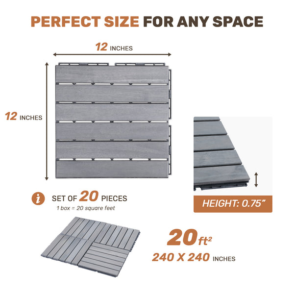 English Elm 20 Interlocking Deck Tiles 12"x12" Acacia Hardwood Outdoor Flooring Waterproof Anti-Mold Patio Poolside Decor Light Gray W2391P276694
