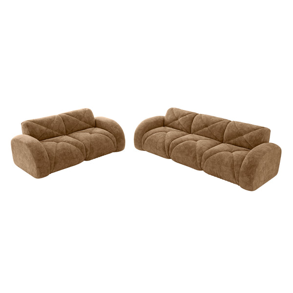 English Elm Three Seater Chenille Sofa with Ottoman Solid Wood Base Tufted Arms Living Room Camel W714S01635