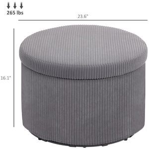 English Elm Upholstered Corduroy Round Storage Ottoman with Lid for Living Room or Bedroom T3971P430899