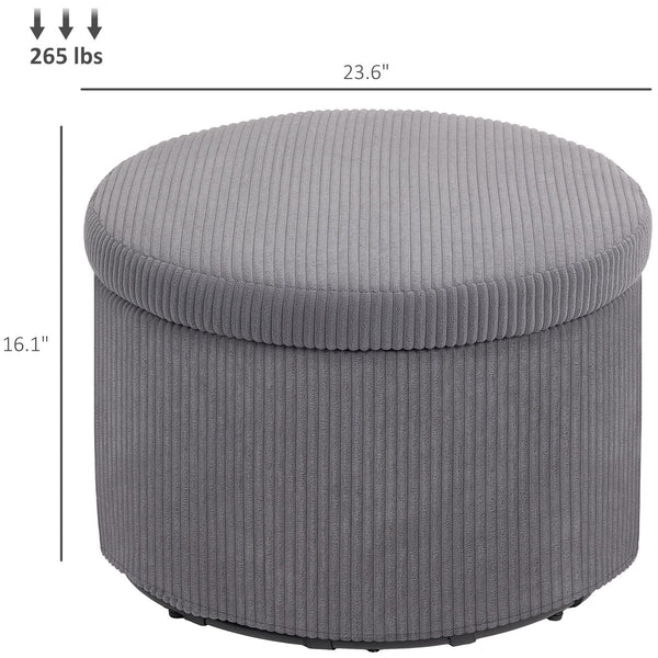 English Elm Upholstered Corduroy Round Storage Ottoman with Lid for Living Room or Bedroom T3971P430899