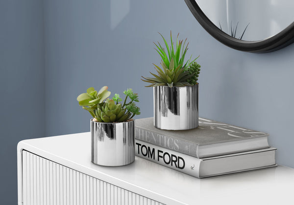 English Elm Artificial Succulent Set of 2 in Chrome Pots — Lifelike 7" Faux Plants with Pebble Top Dressings, No Maintenance Green 9 L x 5 W x 8 H B2710P287105