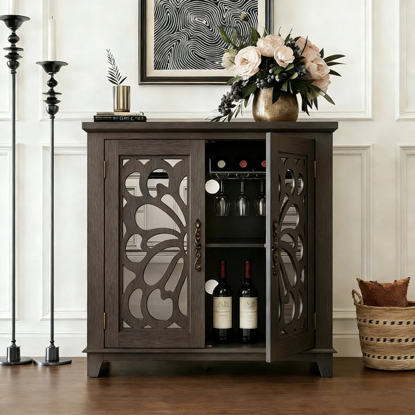 English Elm Elegant Mirrored Sideboard with Butterfly Carved Doors Wood Grain Finish Dining Storage Dark Brown W2899P372739