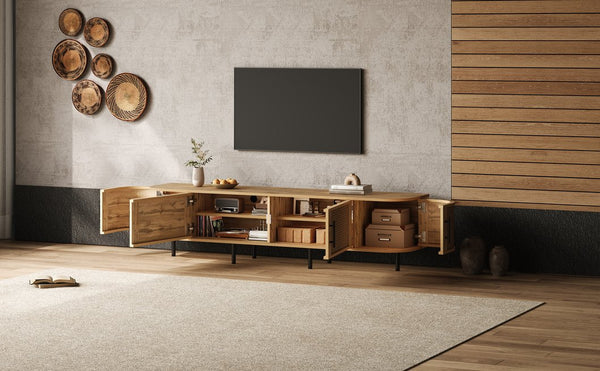 English Elm 70inch Rattan Door Media Console with Iron Legs Natural Wood Finish Living Room N710P429509P