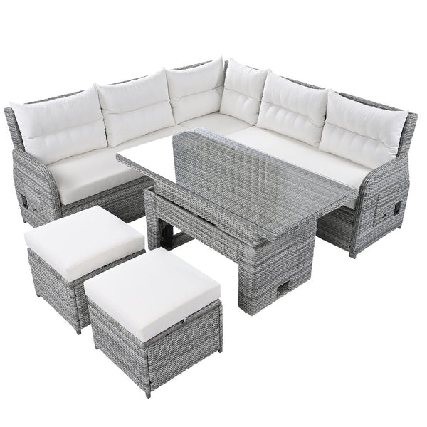 English Elm Outdoor Rattan Furniture Set With Adjustable Recliners, Versatile Tables, And Ottomans For Patios N719Z000120A-GIGA