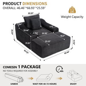 English Elm 67" Corduroy Oversized Chaise Sleeper Sofa Deep Seat Boneless Lounge with Cup Holder Pillows Black W1803P409253