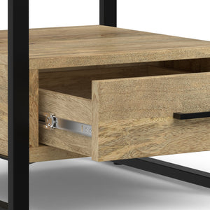 English Elm Riverside Handcrafted Mango Wood Bedside Table with Black Metal Frame, Drawer & Open Storage — Natural Finish B136P203433